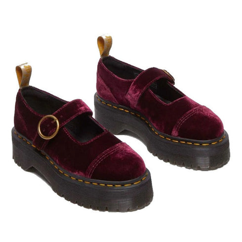 Dr Martens Addina Vegan Cherry Red Velvet Mary Jane Quad Platform
